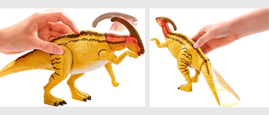 Imagen del juguete Jurassic World Dual Attack Parasaurolofus movimientos de batalla