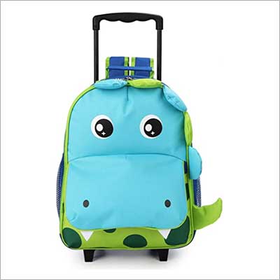 mochila con ruedas para niños, con dinosaurio color azul y verde